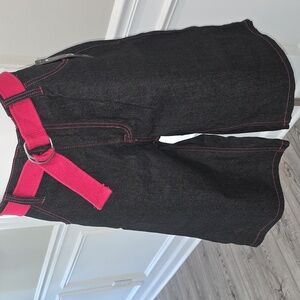 Qruel Black Denim Shorts with Pink Belt NWT